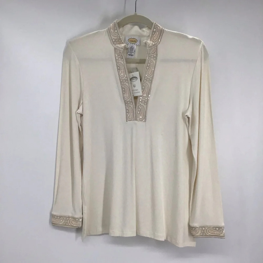 Talbots Women’s Petites Sequin Trim Party Long Sleeve Blouse/TOP NWT Size S